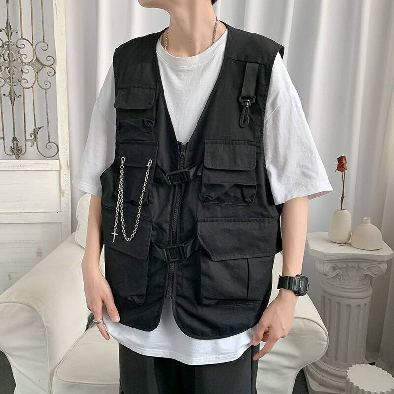 男款多袋口鍊條 techwear 背心 — 無袖剪裁
