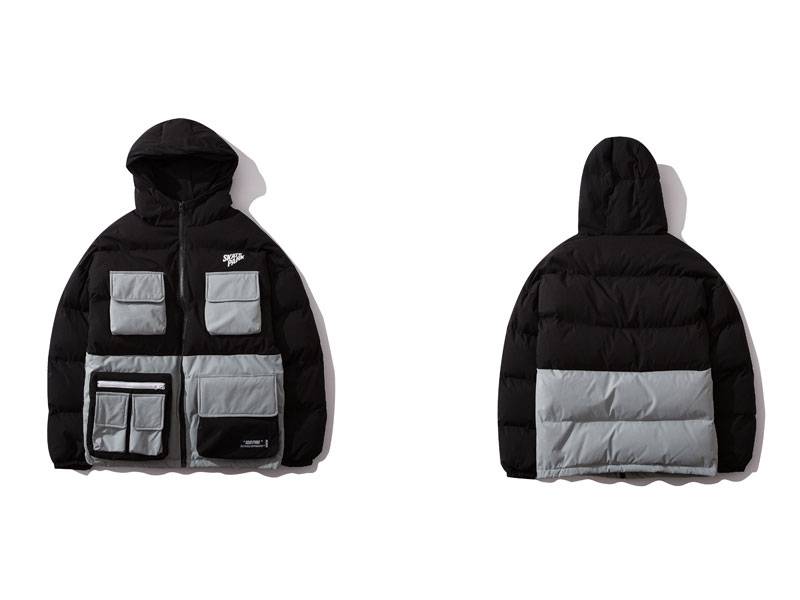 Men's Color Block Pockets Hooded Techwear Winter Jacket — Hooded design