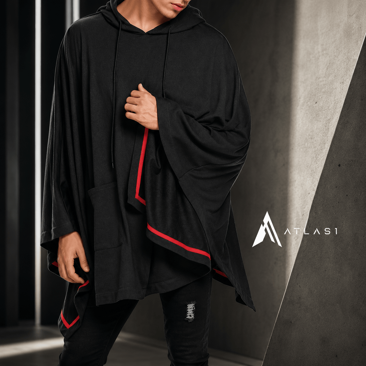 Men's Contrast Lines Techwear Hooded Poncho - ATLAS 1