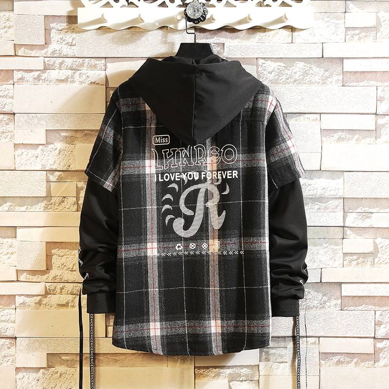 Men's Flannel Plaid Plus Size Techwear Shirt with Hood - ATLAS 1