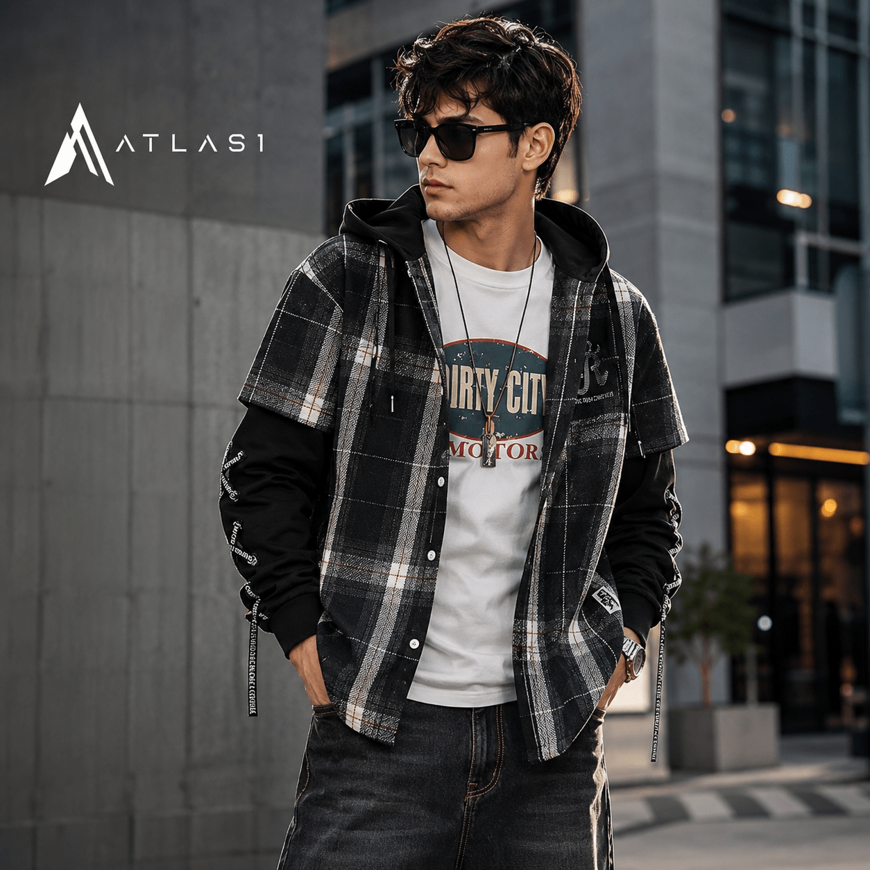 Men's Flannel Plaid Plus Size Techwear Shirt with Hood - ATLAS 1
