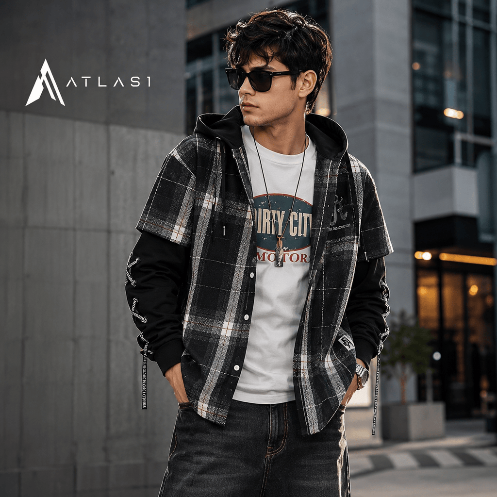 Men's Flannel Plaid Plus Size Techwear Shirt with Hood - ATLAS 1