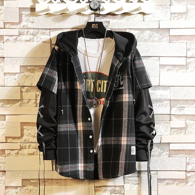 Men's Flannel Plaid Plus Size Techwear Shirt with Hood - ATLAS 1