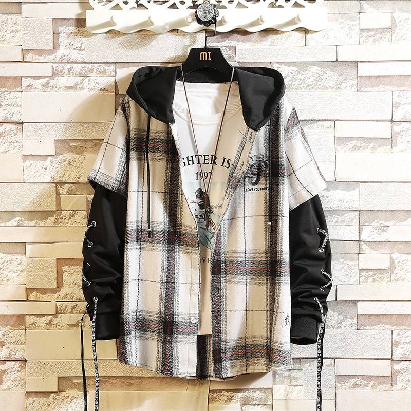 Men's Flannel Plaid Plus Size Techwear Shirt with Hood - ATLAS 1