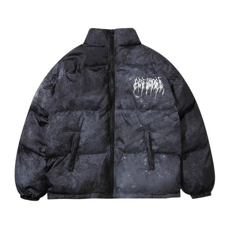 पुरुषों की Graffiti Print Oversized Techwear Puffer Jacket — उदार बड़े आकार का सिल्हूट