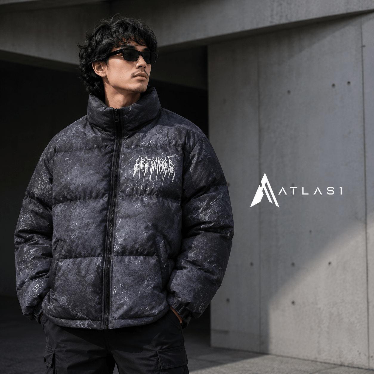 Men's Graffiti Print Oversized Techwear Puffer Jacket - ATLAS 1