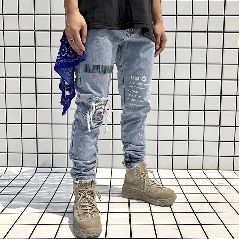 Herr ljusblå repad streetwear jeans — Hellångt ben