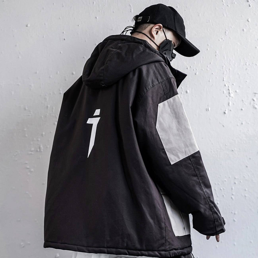 Men's Patchwork Oversized Padded Techwear Windbreaker — Hooded design
