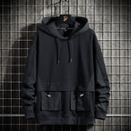 Men's Solid Black Cargo Pockets Techwear Hoodie - ATLAS 1