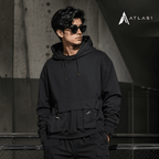 Men's Solid Black Cargo Pockets Techwear Hoodie - ATLAS 1