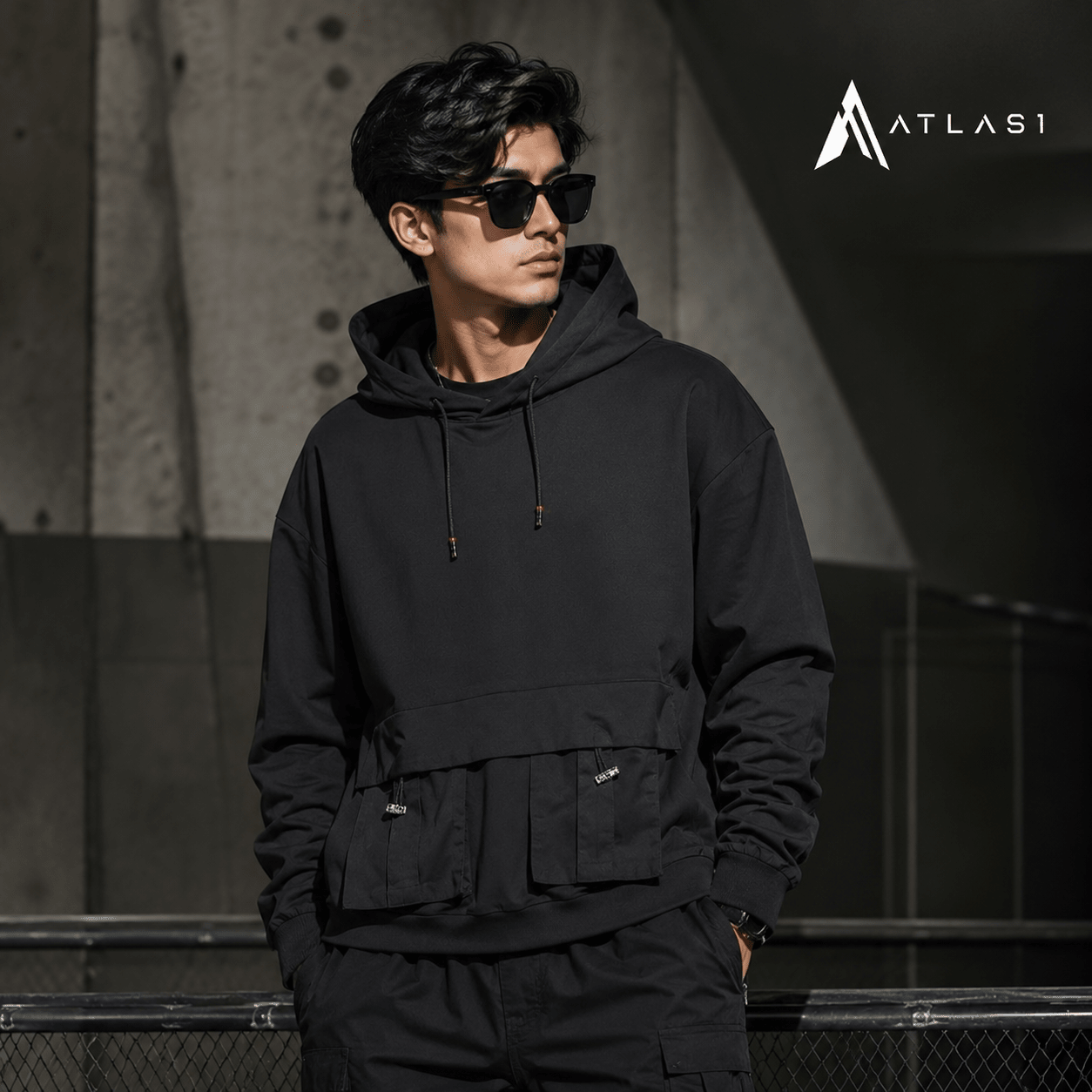 Men's Solid Black Cargo Pockets Techwear Hoodie - ATLAS 1