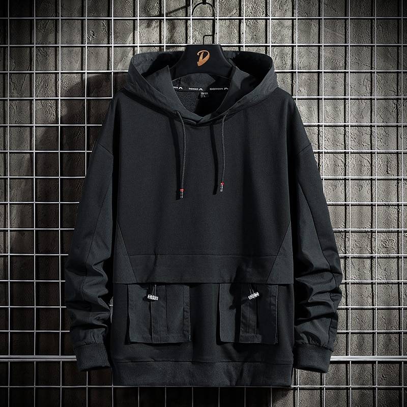 Men's Solid Black Cargo Pockets Techwear Hoodie - ATLAS 1