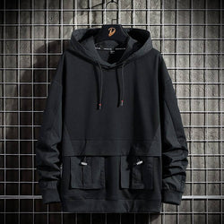 Men's Solid Black Cargo Pockets Techwear Hoodie - ATLAS 1