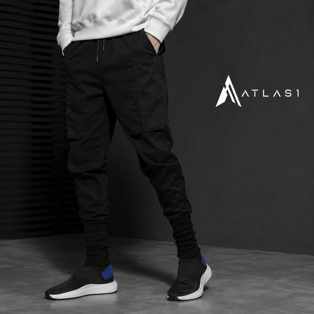 Men's Solid Black Cotton Techwear Joggers - ATLAS 1