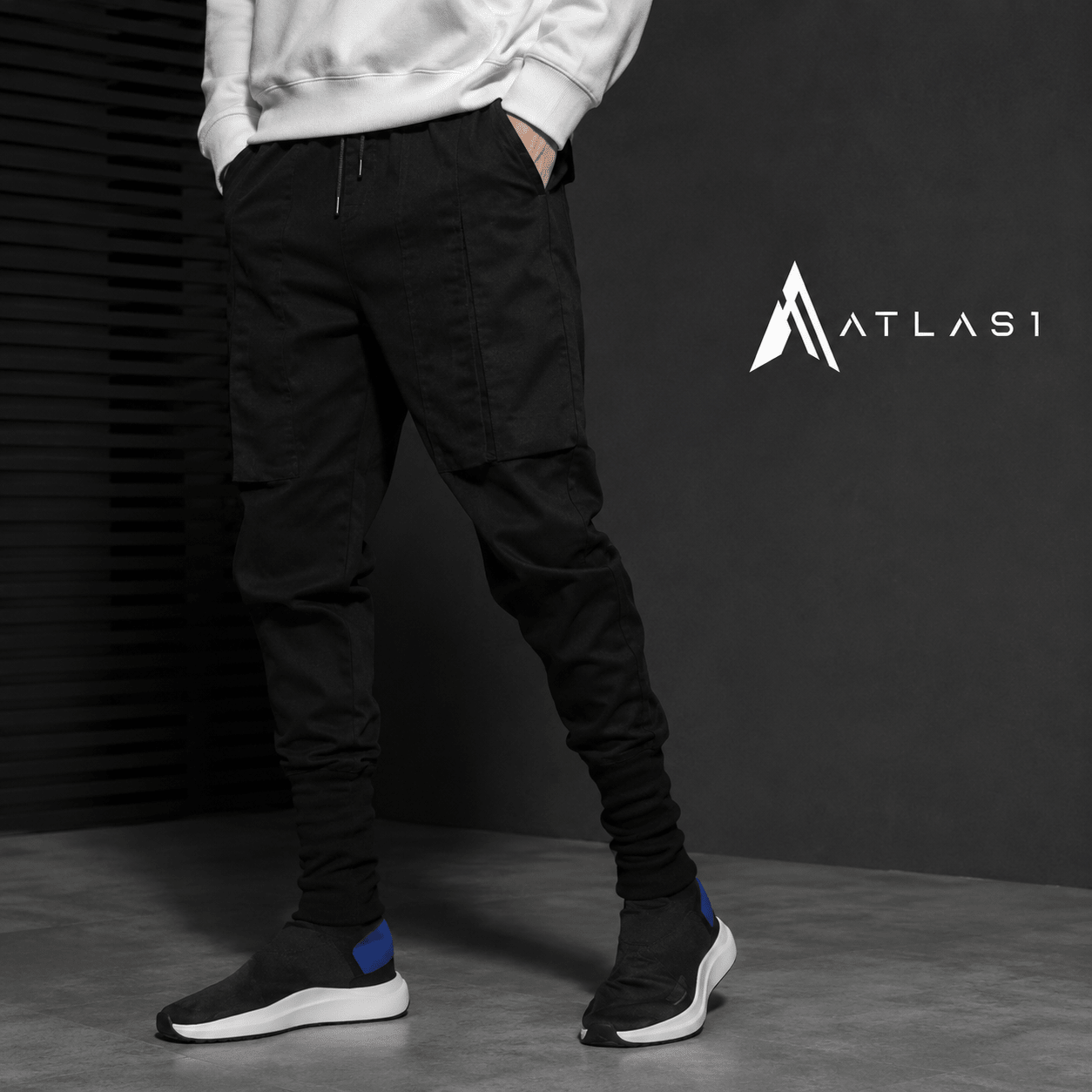 Men's Solid Black Cotton Techwear Joggers - ATLAS 1