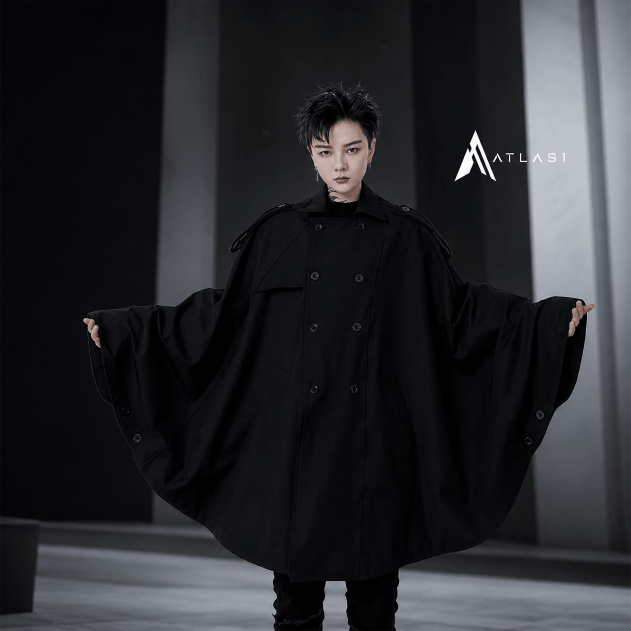 Men's Solid Black Double Breasted Gothic Style Cape - ATLAS 1