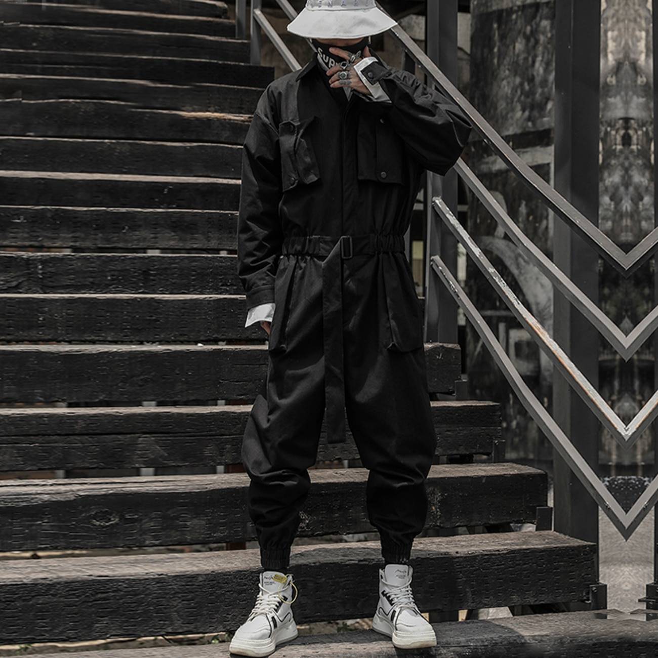 Men's Solid Black Multi - Pocket Techwear Overall - ATLAS 1