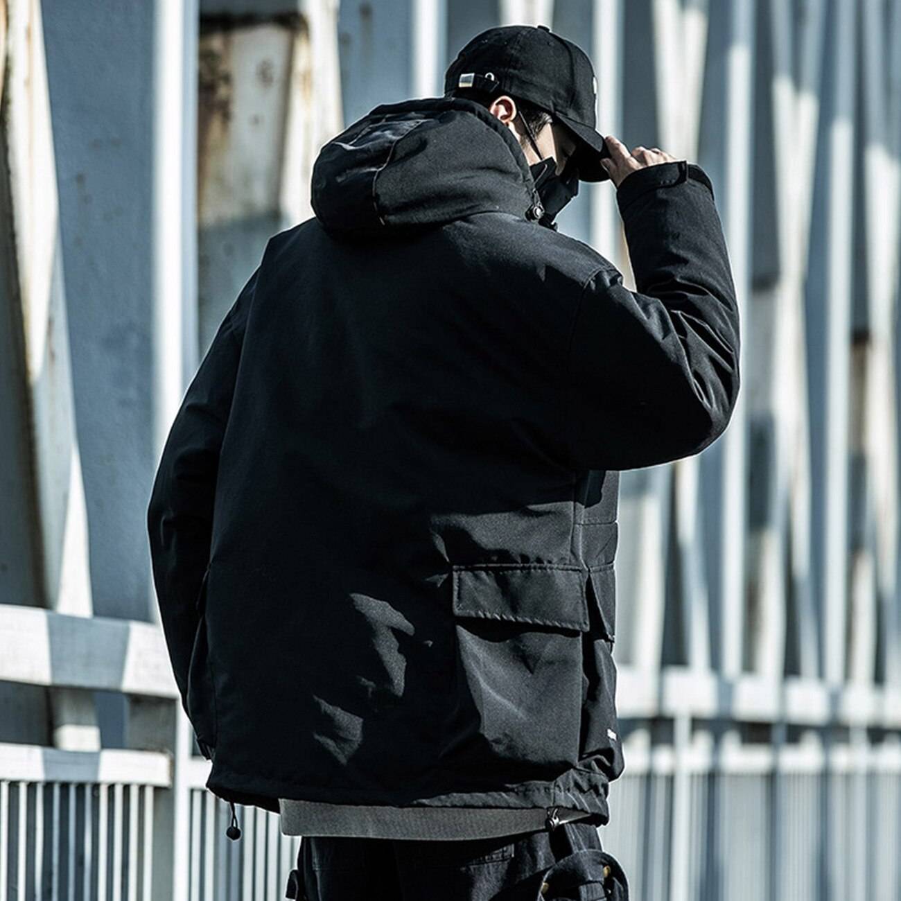 Men's Solid Black Padded Techwear Windbreaker - ATLAS 1