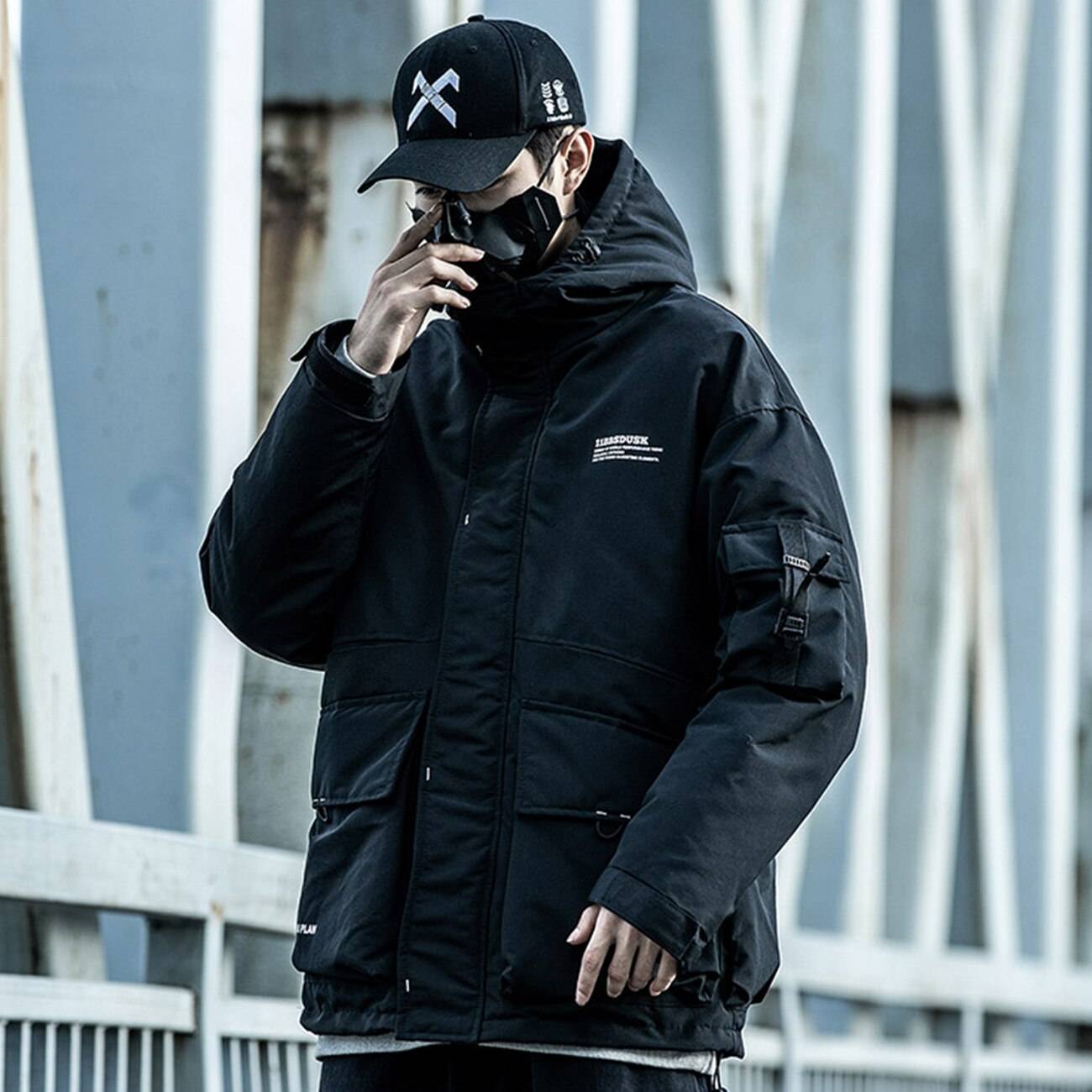 Men's Solid Black Padded Techwear Windbreaker - ATLAS 1