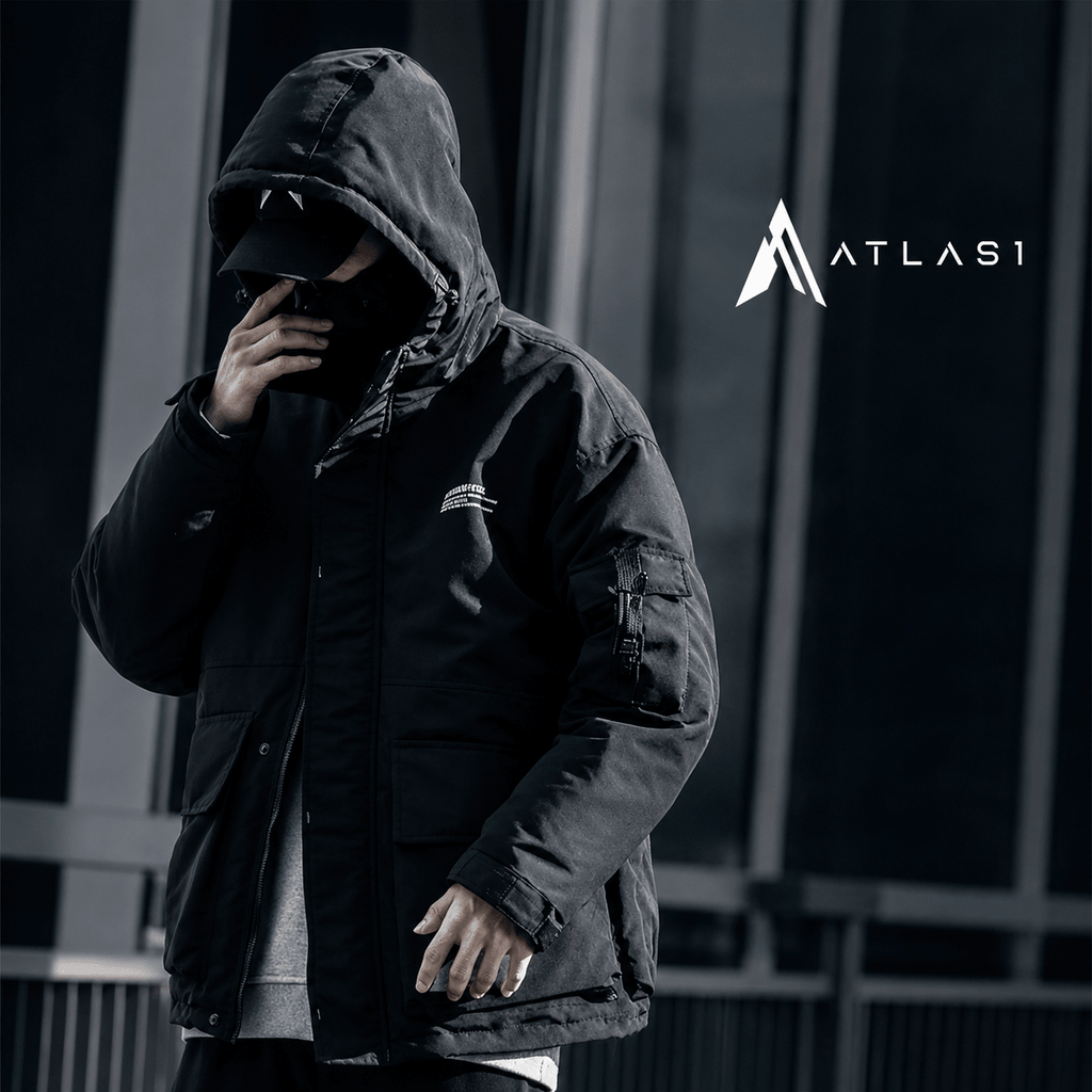 Men's Solid Black Padded Techwear Windbreaker - ATLAS 1