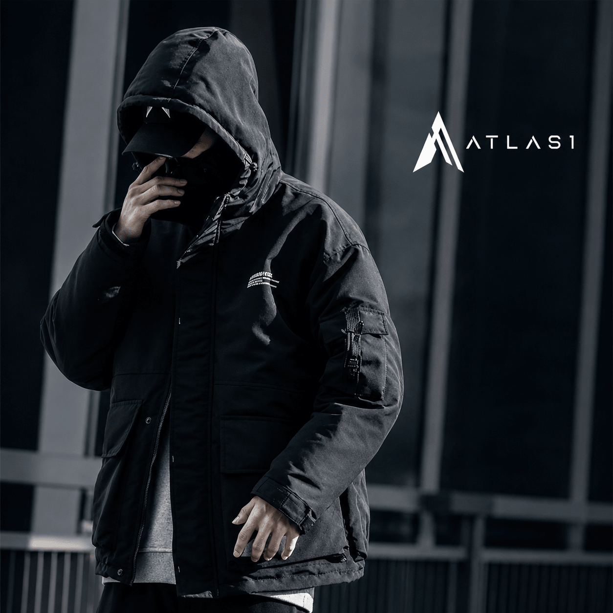 Men's Solid Black Padded Techwear Windbreaker - ATLAS 1