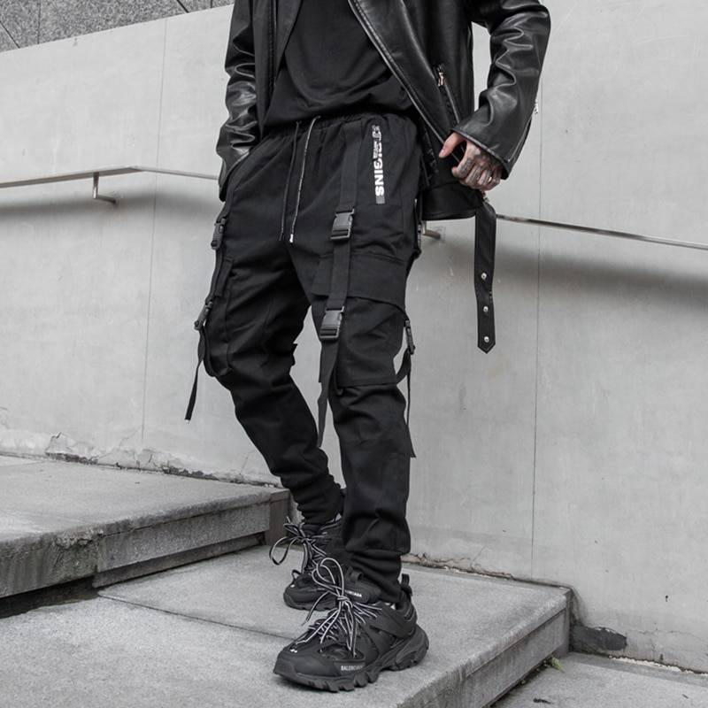 Men's Solid Black Tactical Straps Techwear Cargo Pants — Distinctive strap details