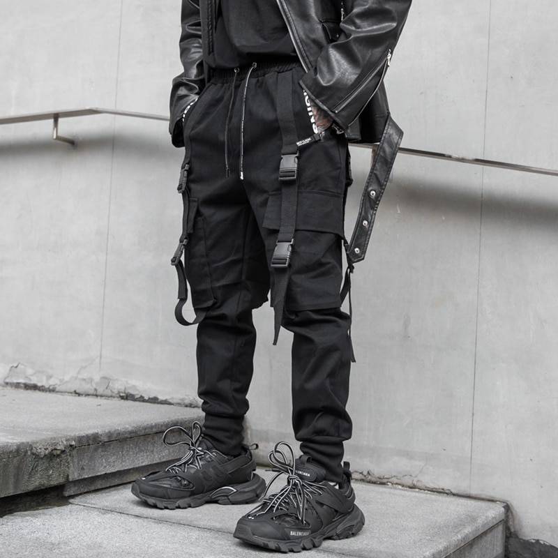 Men's Solid Black Tactical Straps Techwear Cargo Pants - ATLAS 1
