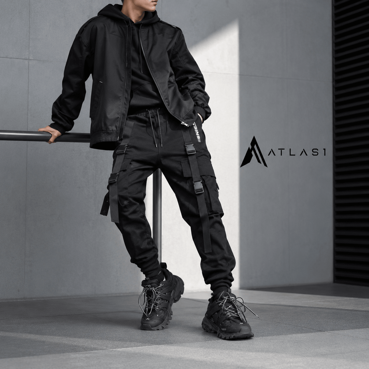 Men's Solid Black Tactical Straps Techwear Cargo Pants - ATLAS 1