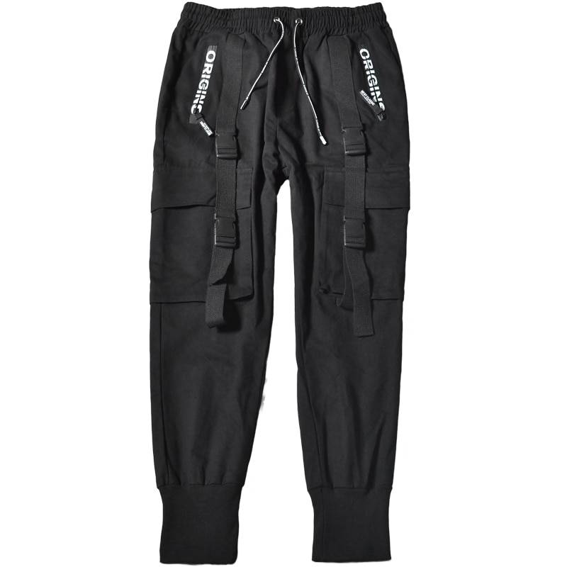 Men's Solid Black Tactical Straps Techwear Cargo Pants - ATLAS 1