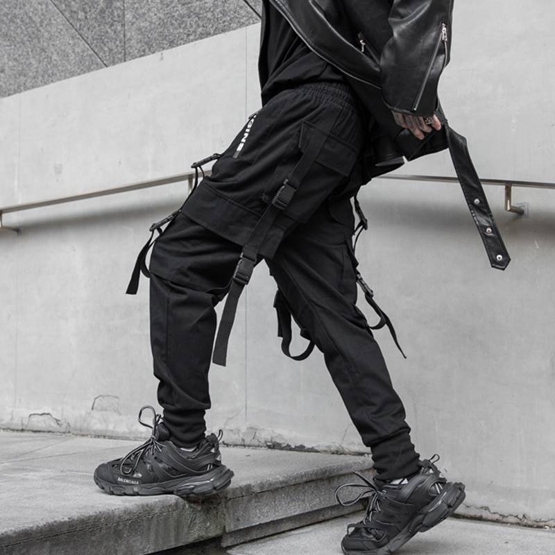 Men's Solid Black Tactical Straps Techwear Cargo Pants - ATLAS 1
