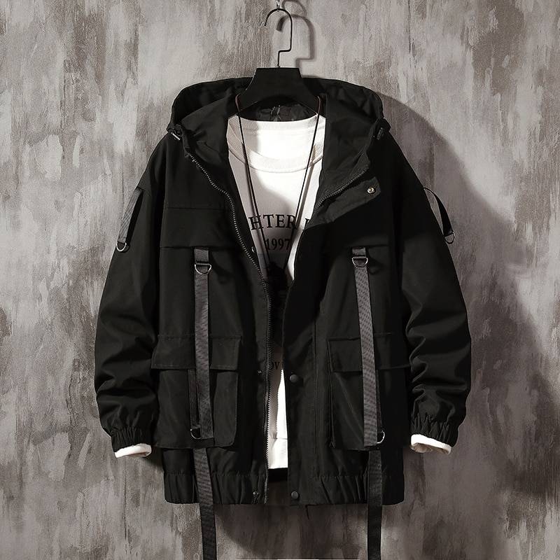 Men's Solid Black Tactical Straps Techwear Parka - ATLAS 1