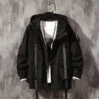 Men's Solid Black Tactical Straps Techwear Parka - ATLAS 1