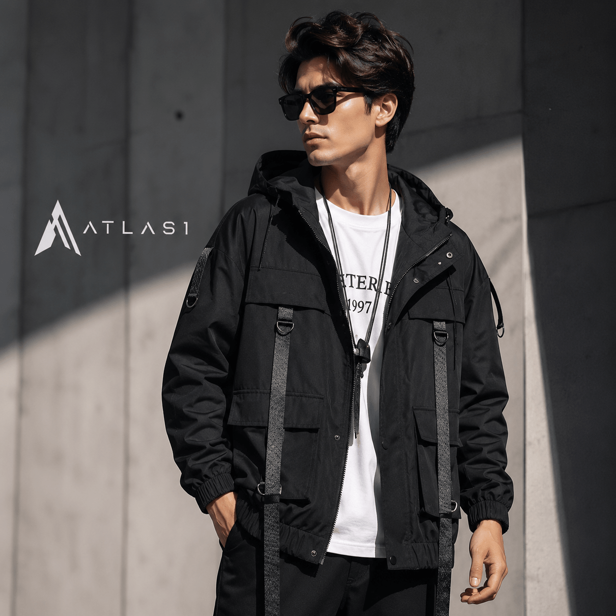 Men's Solid Black Tactical Straps Techwear Parka - ATLAS 1