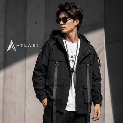 男款纯黑战术绑带 techwear 派克大衣