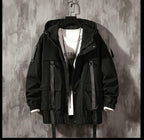 Men's Solid Black Tactical Straps Techwear Parka - ATLAS 1