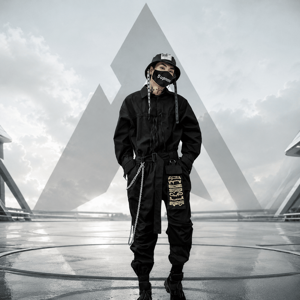 Men's Solid Color Cotton Belted Techwear Overall - ATLAS 1