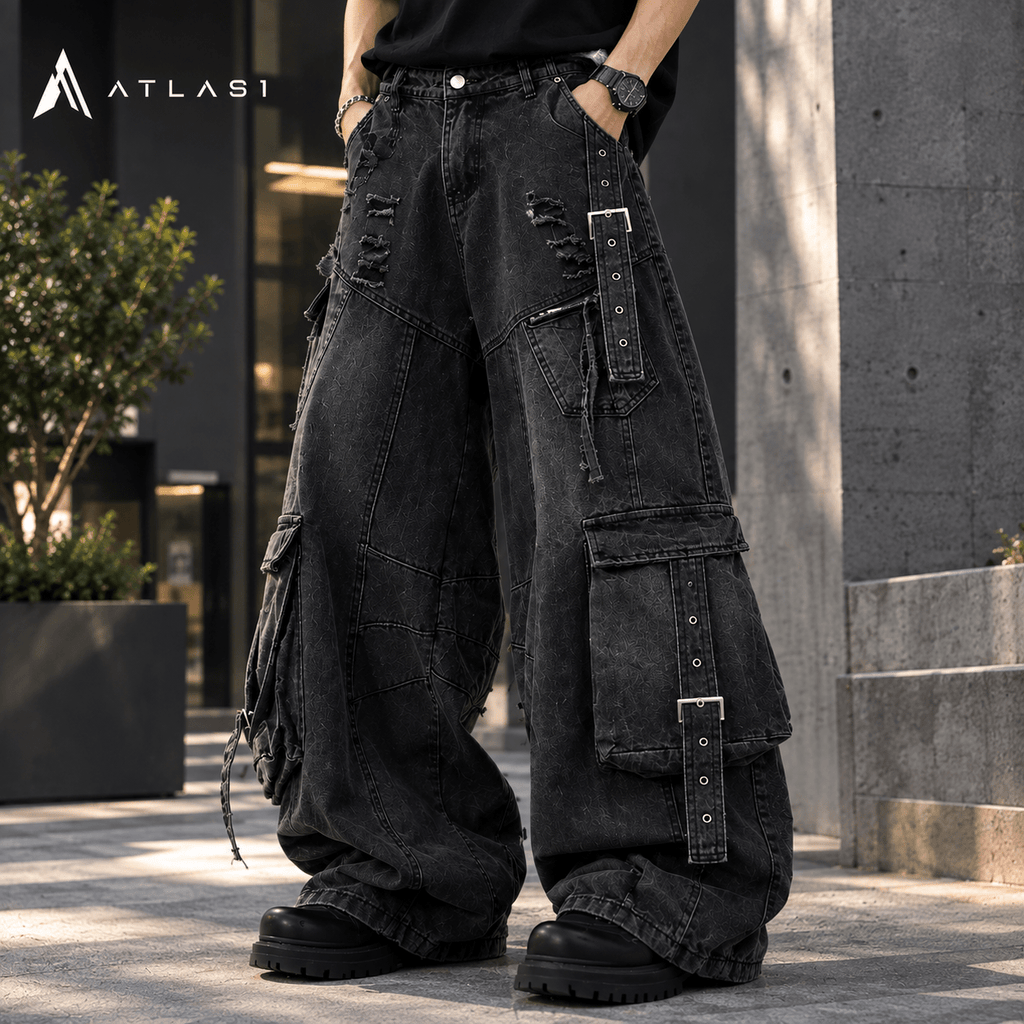 Men's Solid Color Multi Pocket Wide Leg Jeans - ATLAS 1