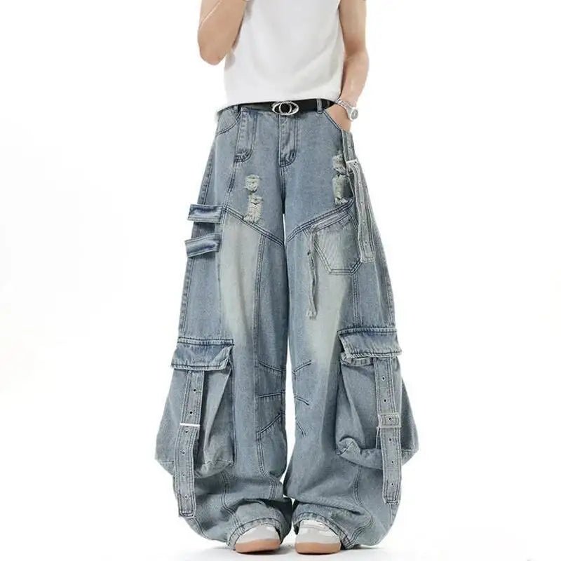 Men's Solid Color Multi Pocket Wide Leg Jeans - ATLAS 1