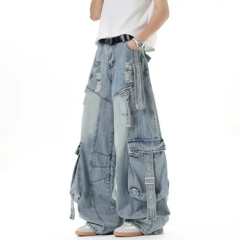 Men's Solid Color Multi Pocket Wide Leg Jeans - ATLAS 1
