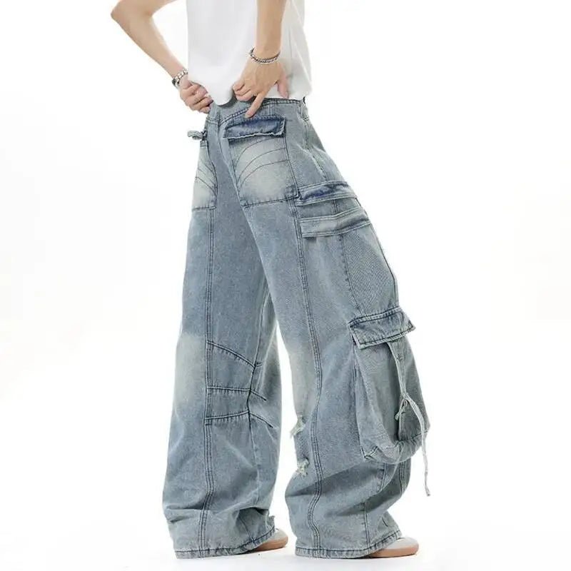 Men's Solid Color Multi Pocket Wide Leg Jeans - ATLAS 1