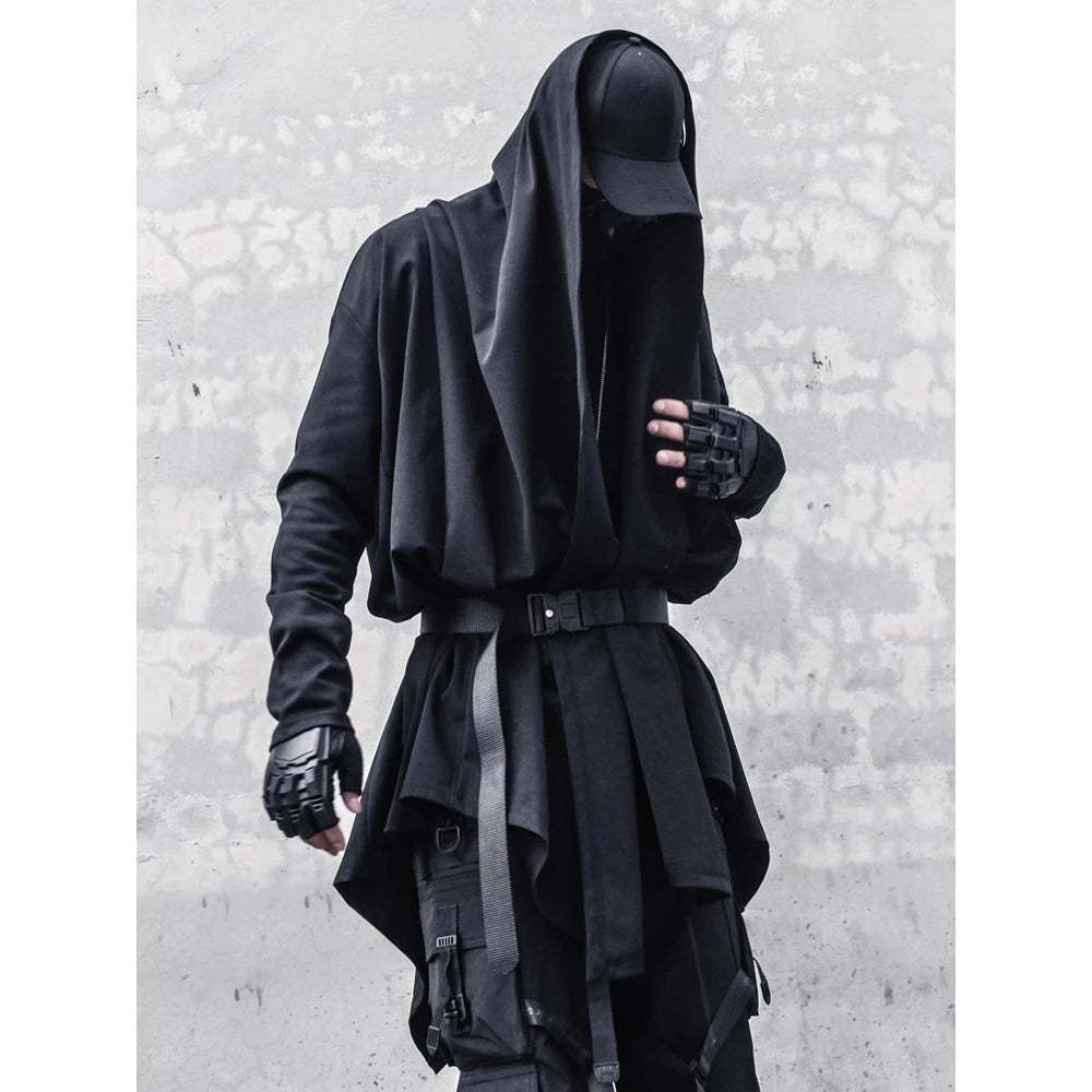 Men's Techwear Black Hooded Wizard Trench Coat - ATLAS 1