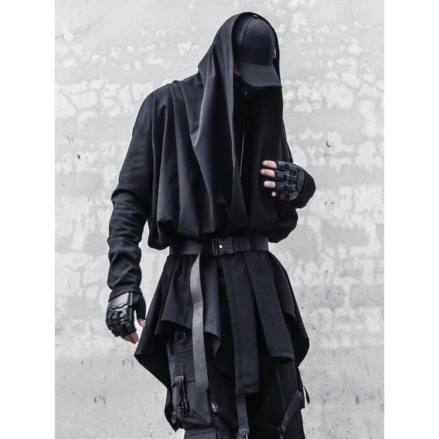Gabardina techwear negra de mago con capucha y frente abierto para hombre — Ajuste regular