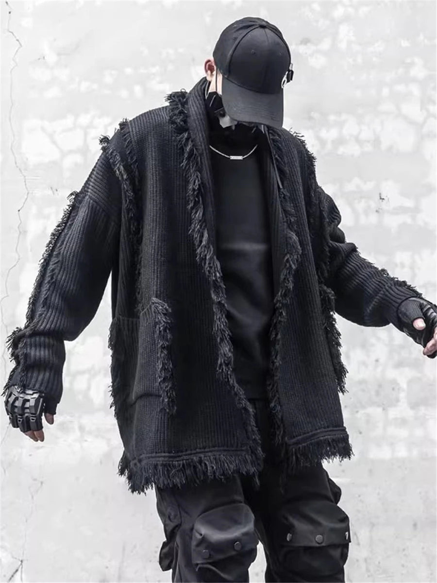 Cardigan en Maille Techwear à Franges pour Homme — Silhouette surdimensionnée généreuse