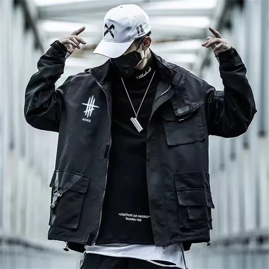 Męska Kurtka Techwear z Wieloma Kieszeniami i Wiatroszczelna — Kieszenie cargo na drobne rzeczy
