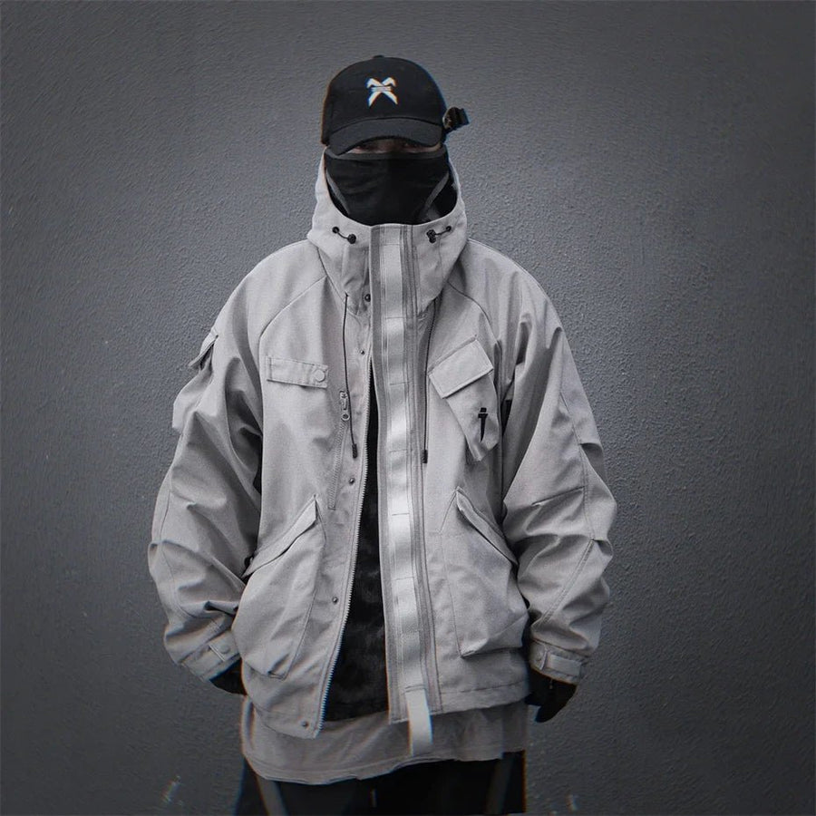 Windbreaker Berhud Pelbagai Poket Taktikal Techwear untuk Lelaki — Reka bentuk bertudung