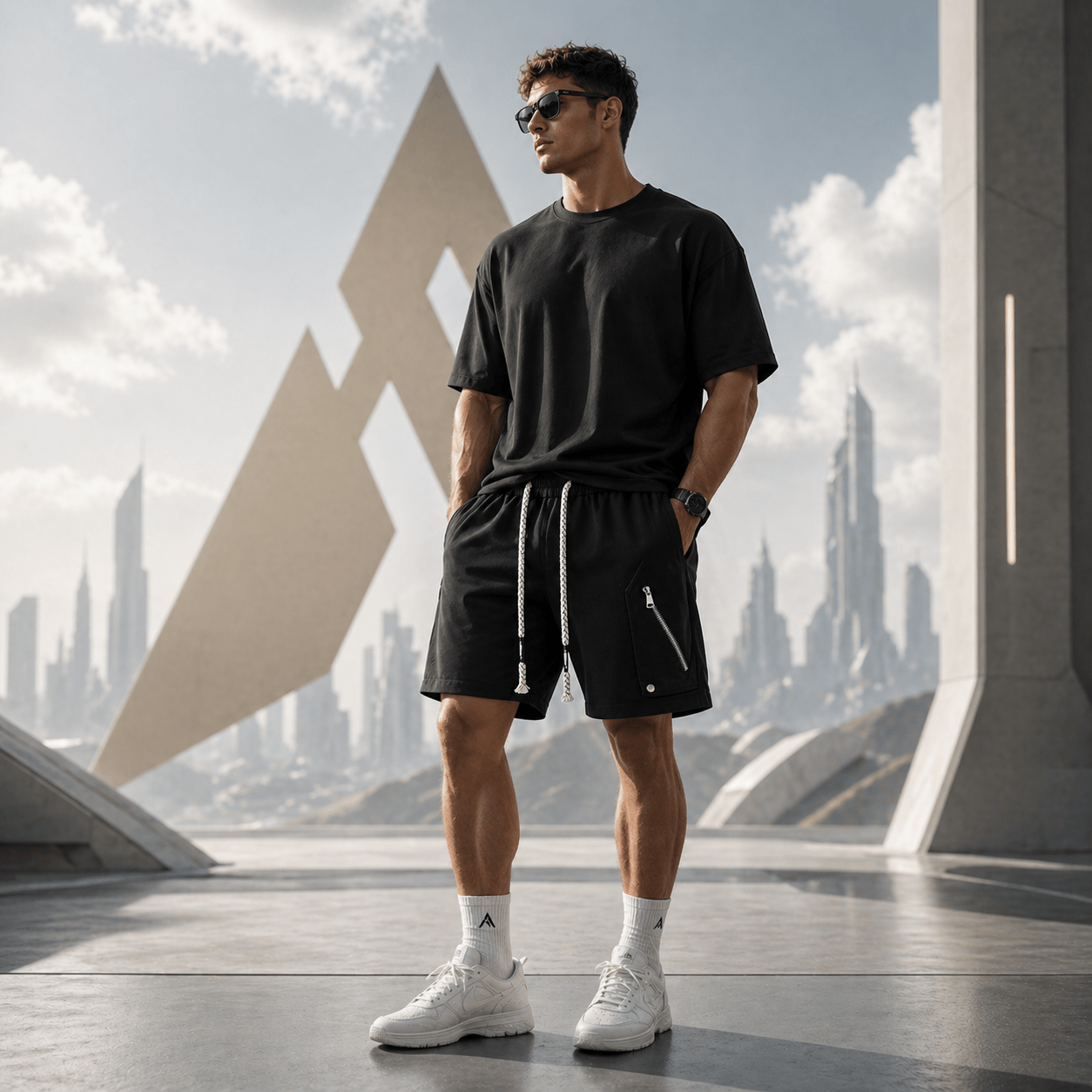 Minimal Techwear Cotton Five Point Shorts - ATLAS 1 - Techwear Store