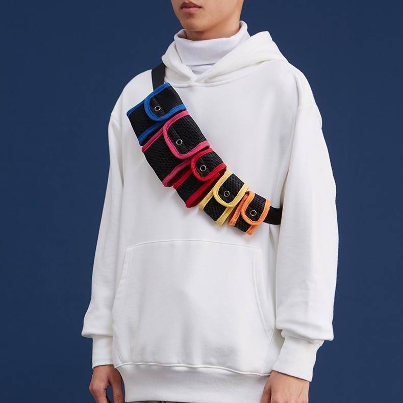 Çok Renkli Su Geçirmez Reflektif Techwear Bel Çantası — Fonksiyonel fermuar kapamalı