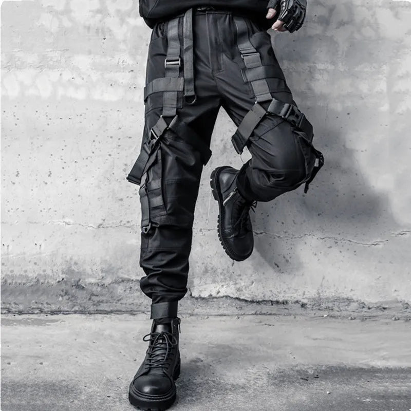 Multi Ribbon Punk Techwear Cargo Pants — Distinctive strap details