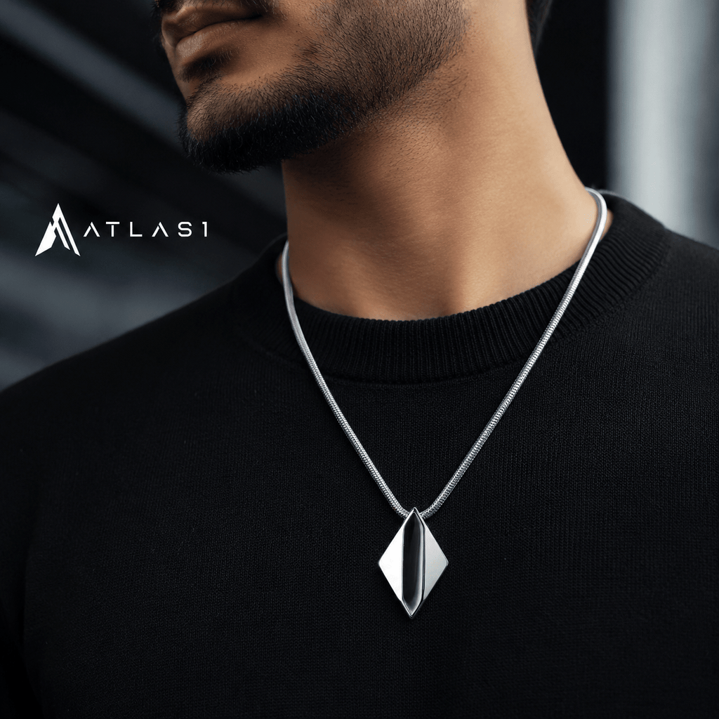 Polished Tungsten Engraved Pendant Chain Necklace - ATLAS 1