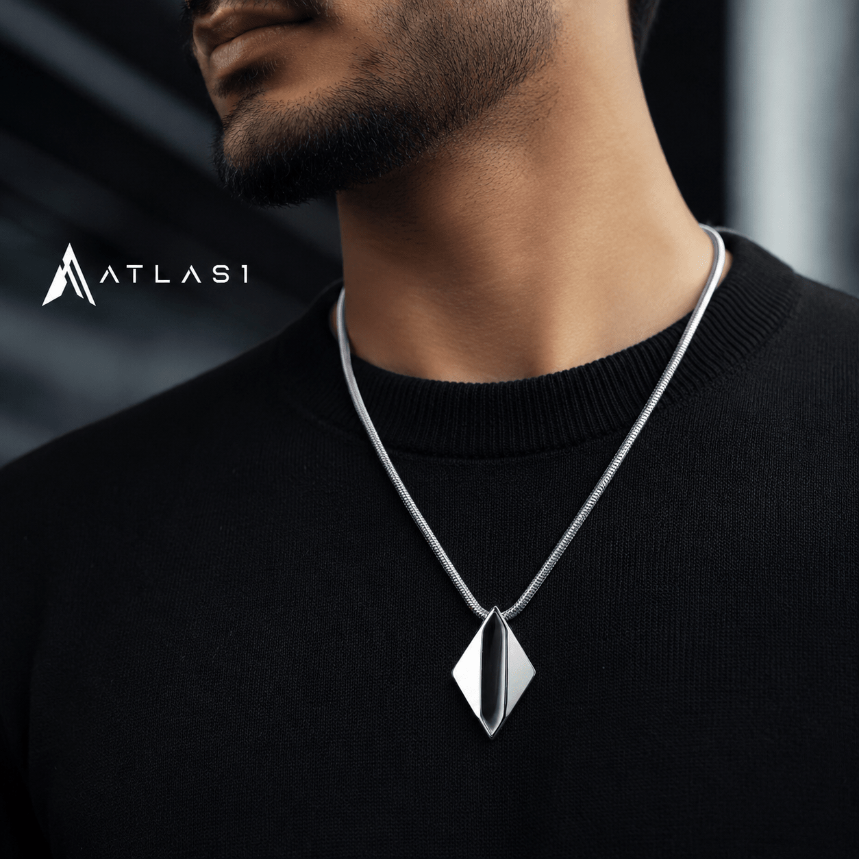 Polished Tungsten Engraved Pendant Chain Necklace - ATLAS 1